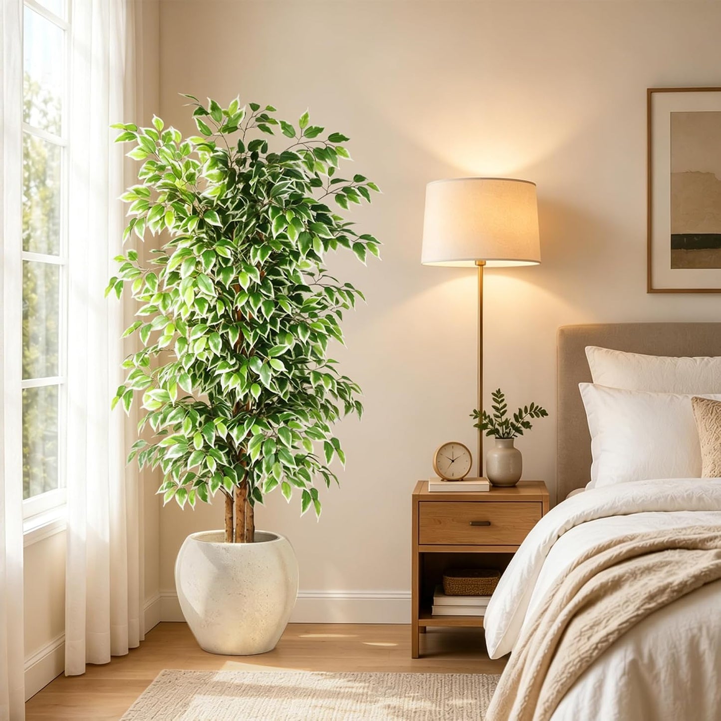 6FT Artificial Ficus Tree with Natural Wood Trunk (NO VASE Included) | Tall Faux Trees Indoor, Dense Foliage, Fake Silk Tree Fake Plants for Home Decor Living Room Outdoor Balcony House Office