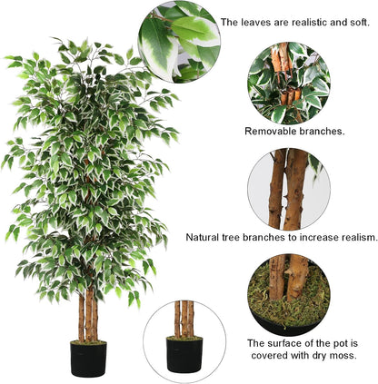 6FT Artificial Ficus Tree with Natural Wood Trunk (NO VASE Included) | Tall Faux Trees Indoor, Dense Foliage, Fake Silk Tree Fake Plants for Home Decor Living Room Outdoor Balcony House Office