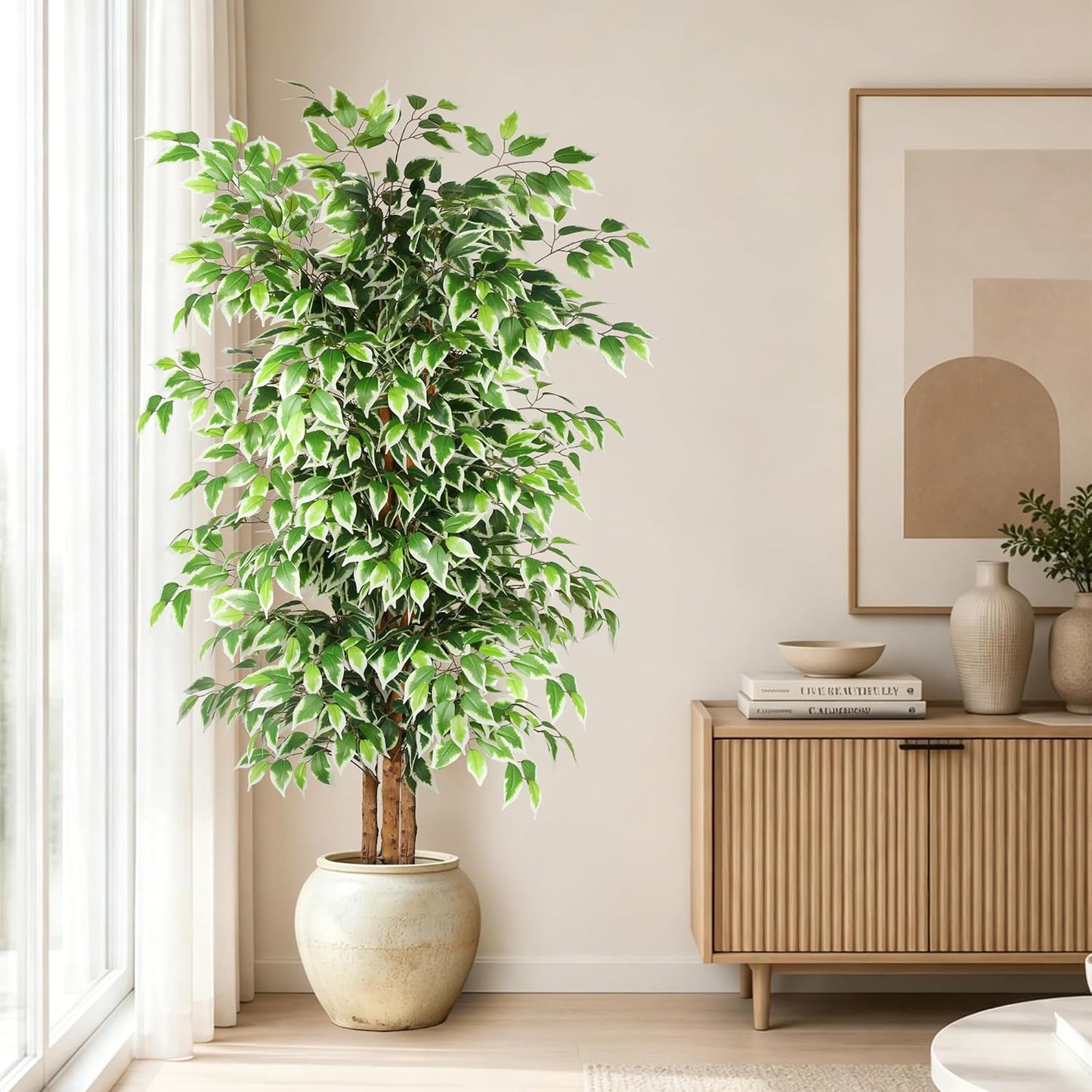 6FT Artificial Ficus Tree with Natural Wood Trunk (NO VASE Included) | Tall Faux Trees Indoor, Dense Foliage, Fake Silk Tree Fake Plants for Home Decor Living Room Outdoor Balcony House Office
