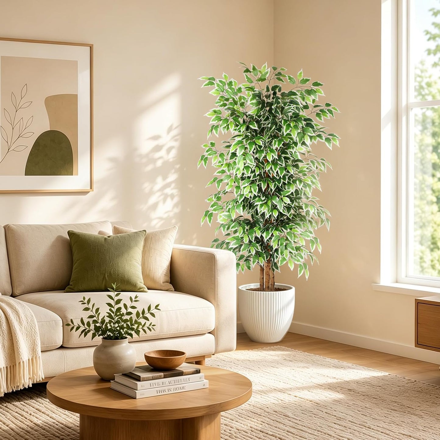 6FT Artificial Ficus Tree with Natural Wood Trunk (NO VASE Included) | Tall Faux Trees Indoor, Dense Foliage, Fake Silk Tree Fake Plants for Home Decor Living Room Outdoor Balcony House Office
