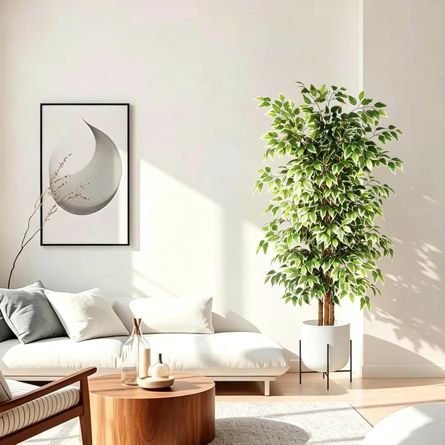 6FT Artificial Ficus Tree with Natural Wood Trunk (NO VASE Included) | Tall Faux Trees Indoor, Dense Foliage, Fake Silk Tree Fake Plants for Home Decor Living Room Outdoor Balcony House Office