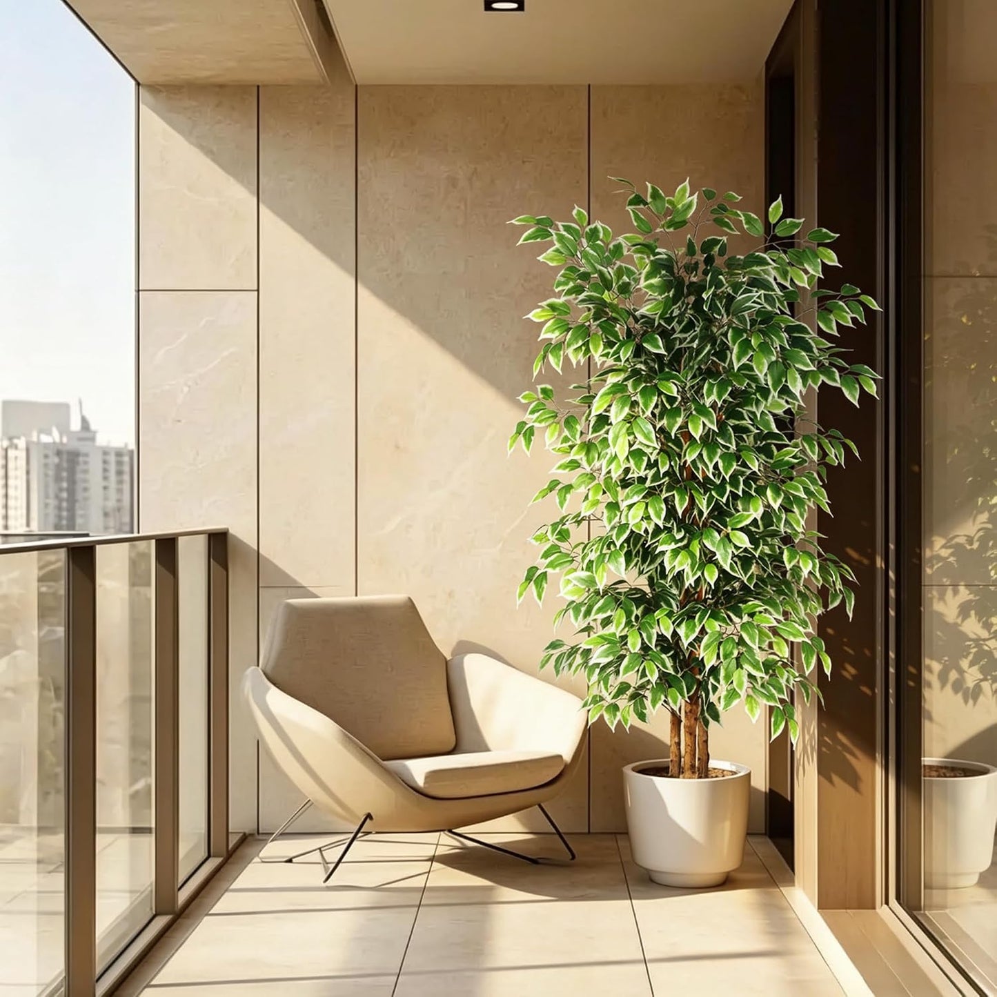 6FT Artificial Ficus Tree with Natural Wood Trunk (NO VASE Included) | Tall Faux Trees Indoor, Dense Foliage, Fake Silk Tree Fake Plants for Home Decor Living Room Outdoor Balcony House Office
