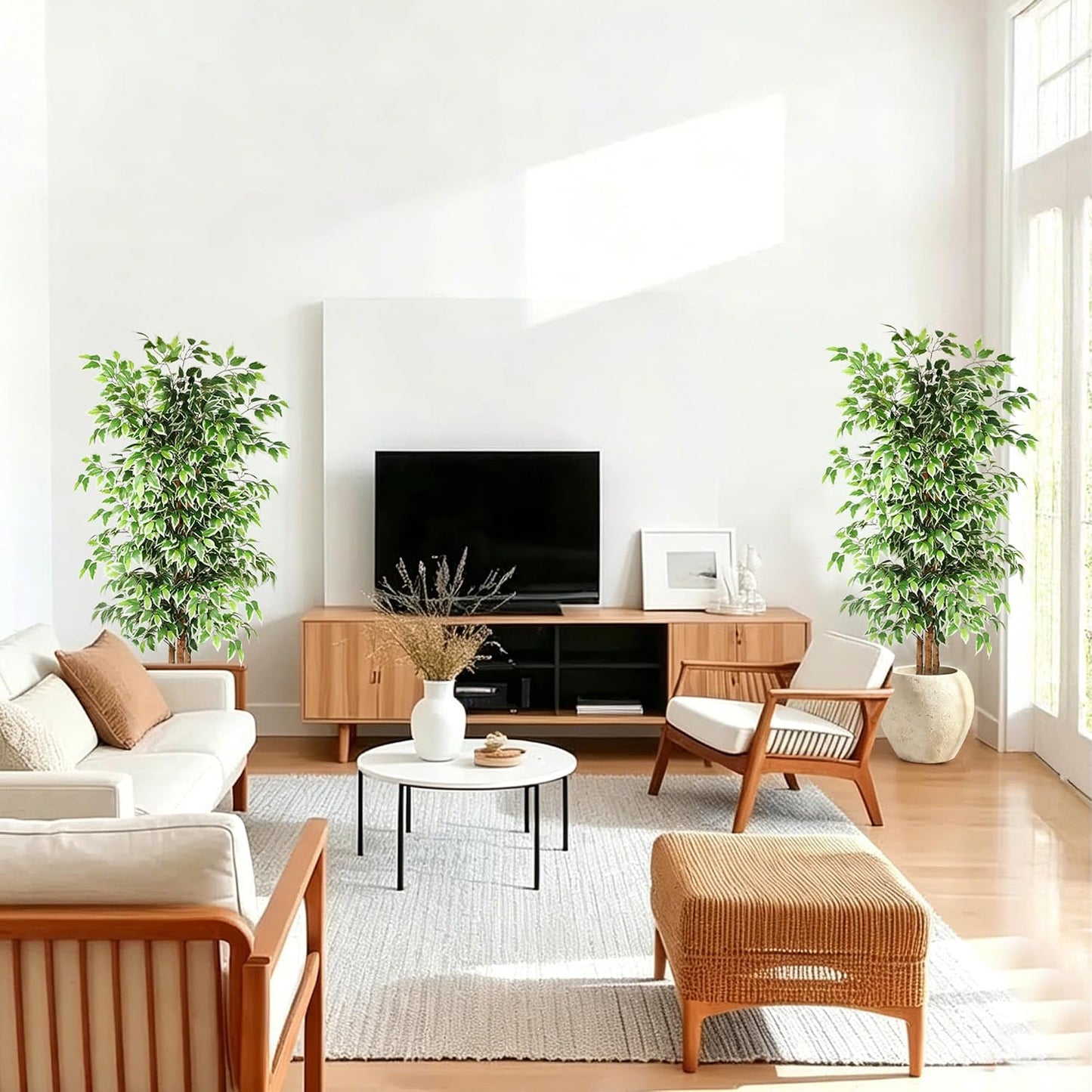6FT Artificial Ficus Tree with Natural Wood Trunk (NO VASE Included) | Tall Faux Trees Indoor, Dense Foliage, Fake Silk Tree Fake Plants for Home Decor Living Room Outdoor Balcony House Office