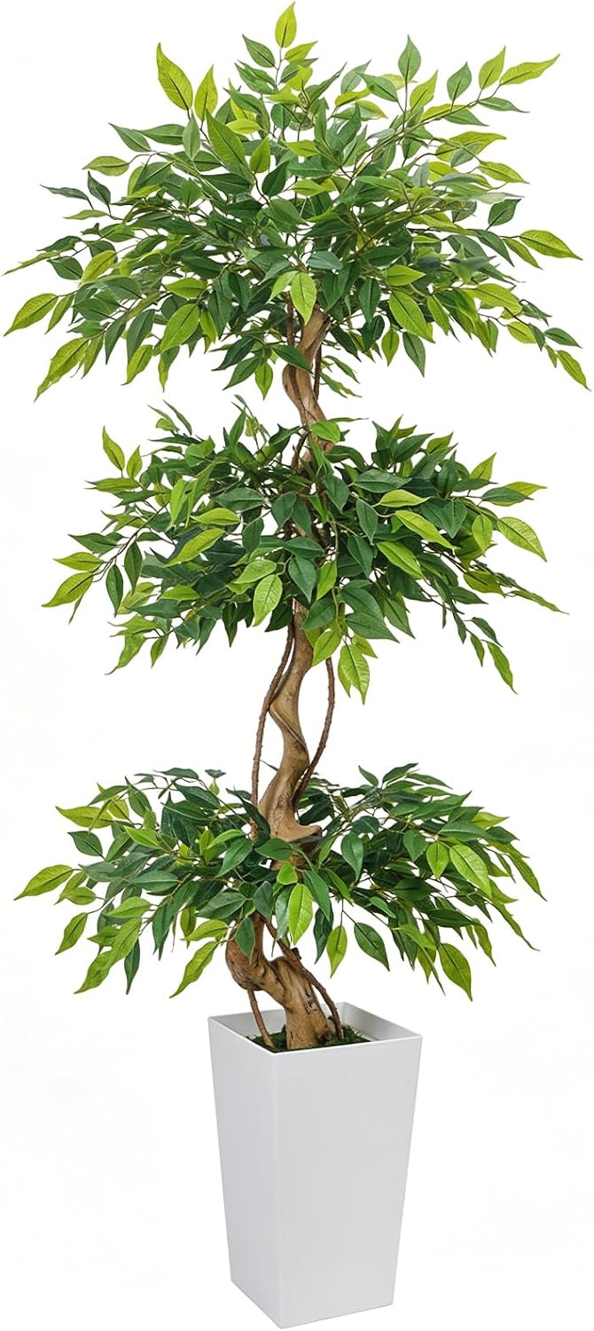 6FT Artificial Ficus Tree with Natural Wood Trunk (NO VASE Included) | Tall Faux Trees Indoor, Dense Foliage, Fake Silk Tree Fake Plants for Home Decor Living Room Outdoor Balcony House Office