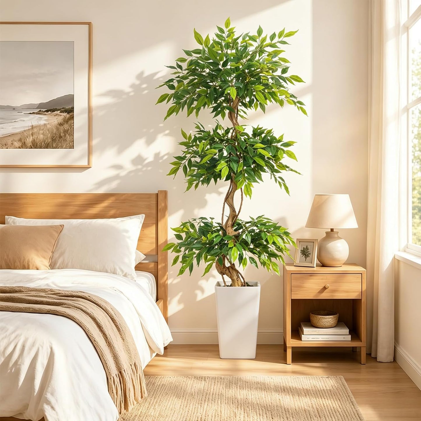 6FT Artificial Ficus Tree with Natural Wood Trunk (NO VASE Included) | Tall Faux Trees Indoor, Dense Foliage, Fake Silk Tree Fake Plants for Home Decor Living Room Outdoor Balcony House Office