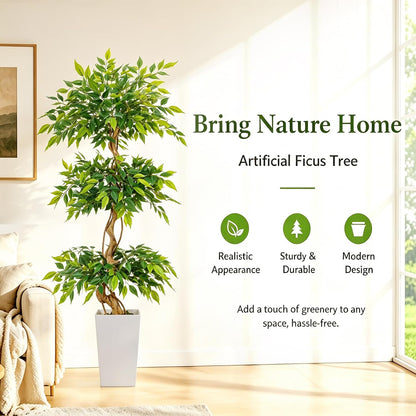 6FT Artificial Ficus Tree with Natural Wood Trunk (NO VASE Included) | Tall Faux Trees Indoor, Dense Foliage, Fake Silk Tree Fake Plants for Home Decor Living Room Outdoor Balcony House Office