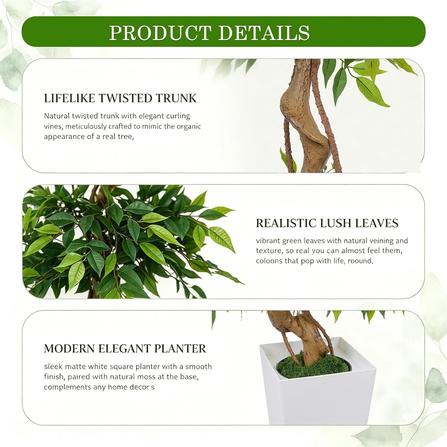 6FT Artificial Ficus Tree with Natural Wood Trunk (NO VASE Included) | Tall Faux Trees Indoor, Dense Foliage, Fake Silk Tree Fake Plants for Home Decor Living Room Outdoor Balcony House Office