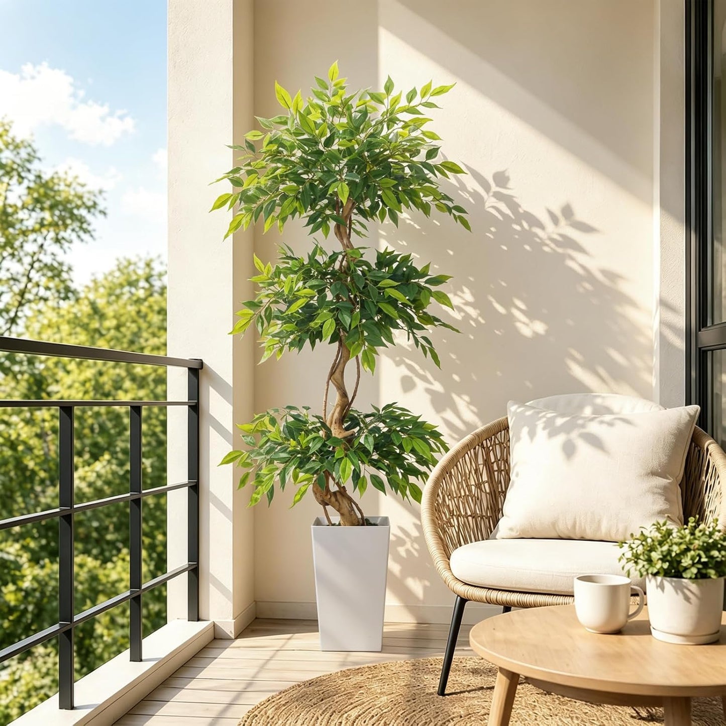 6FT Artificial Ficus Tree with Natural Wood Trunk (NO VASE Included) | Tall Faux Trees Indoor, Dense Foliage, Fake Silk Tree Fake Plants for Home Decor Living Room Outdoor Balcony House Office