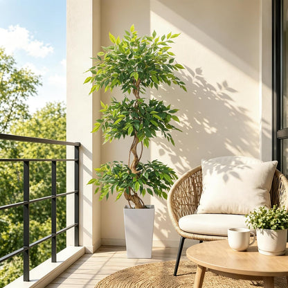 6FT Artificial Ficus Tree with Natural Wood Trunk (NO VASE Included) | Tall Faux Trees Indoor, Dense Foliage, Fake Silk Tree Fake Plants for Home Decor Living Room Outdoor Balcony House Office