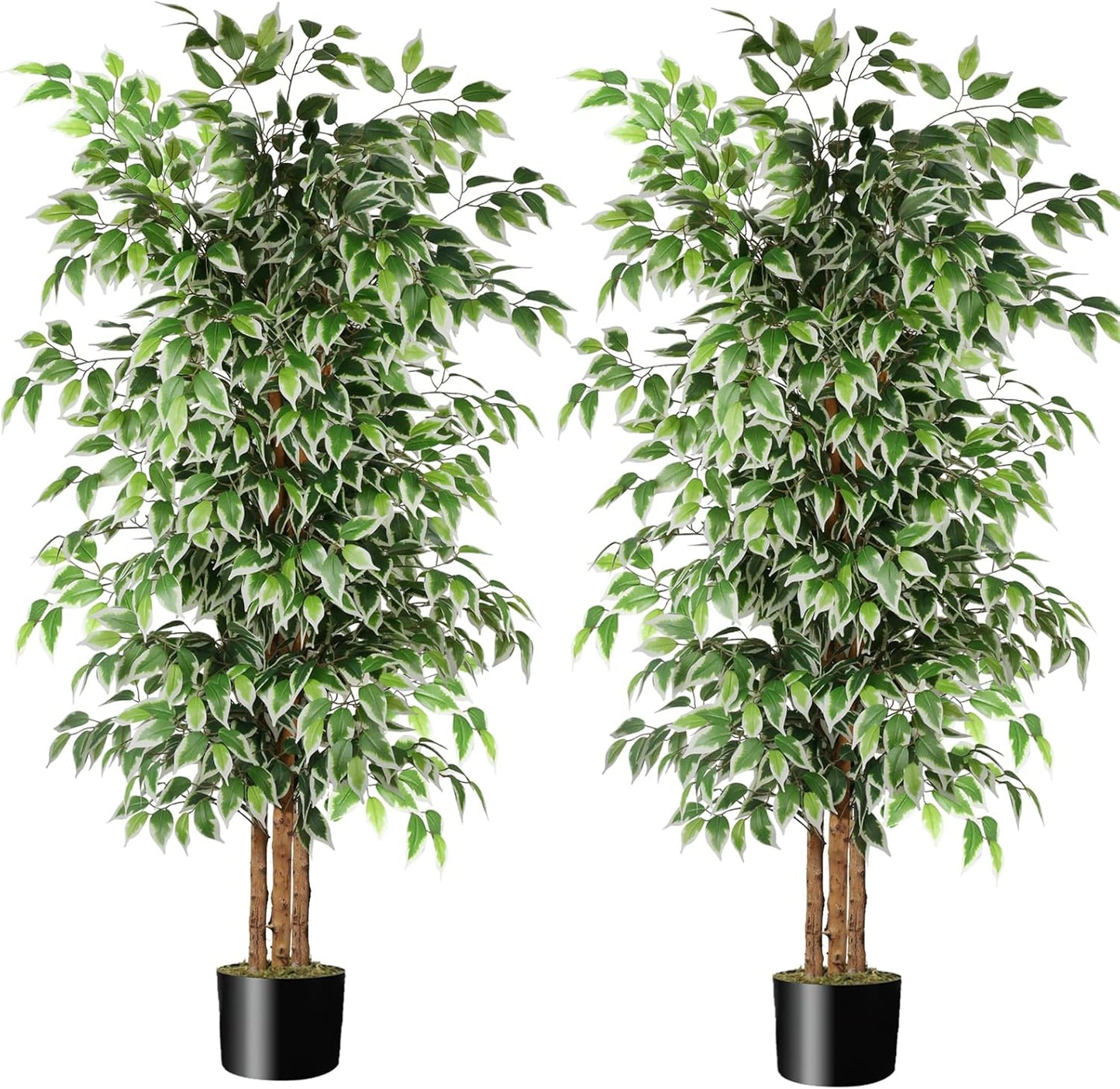 6FT Artificial Ficus Tree with Natural Wood Trunk (NO VASE Included) | Tall Faux Trees Indoor, Dense Foliage, Fake Silk Tree Fake Plants for Home Decor Living Room Outdoor Balcony House Office