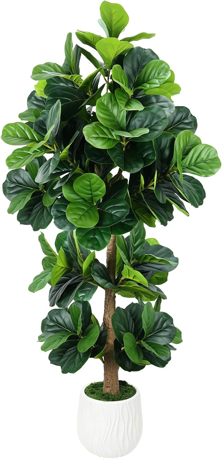 6FT Artificial Ficus Tree with Natural Wood Trunk (NO VASE Included) | Tall Faux Trees Indoor, Dense Foliage, Fake Silk Tree Fake Plants for Home Decor Living Room Outdoor Balcony House Office