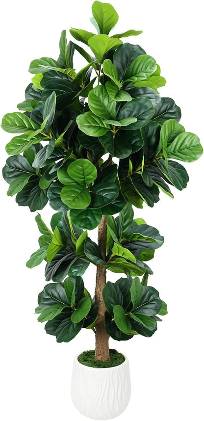 6FT Artificial Ficus Tree with Natural Wood Trunk (NO VASE Included) | Tall Faux Trees Indoor, Dense Foliage, Fake Silk Tree Fake Plants for Home Decor Living Room Outdoor Balcony House Office