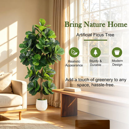 6FT Artificial Ficus Tree with Natural Wood Trunk (NO VASE Included) | Tall Faux Trees Indoor, Dense Foliage, Fake Silk Tree Fake Plants for Home Decor Living Room Outdoor Balcony House Office