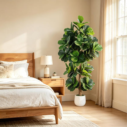 6FT Artificial Ficus Tree with Natural Wood Trunk (NO VASE Included) | Tall Faux Trees Indoor, Dense Foliage, Fake Silk Tree Fake Plants for Home Decor Living Room Outdoor Balcony House Office