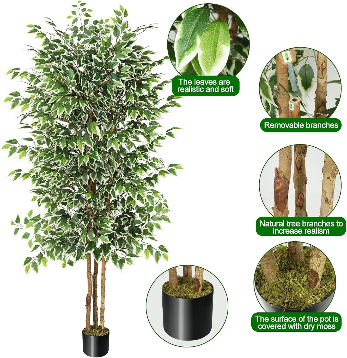 6FT Artificial Ficus Tree with Natural Wood Trunk (NO VASE Included) | Tall Faux Trees Indoor, Dense Foliage, Fake Silk Tree Fake Plants for Home Decor Living Room Outdoor Balcony House Office