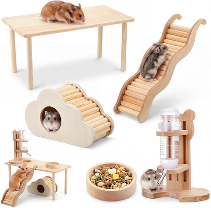 5 Pcs Hamster Cage Accessories, Wood Hamster Play Wooden Platform Water Bottle with Stand Climbing Set for Rat Mice Small Animals Pets Habitats Woodland Decor(Cloud Villa)