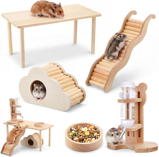 5 Pcs Hamster Cage Accessories, Wood Hamster Play Wooden Platform Water Bottle with Stand Climbing Set for Rat Mice Small Animals Pets Habitats Woodland Decor(Cloud Villa)