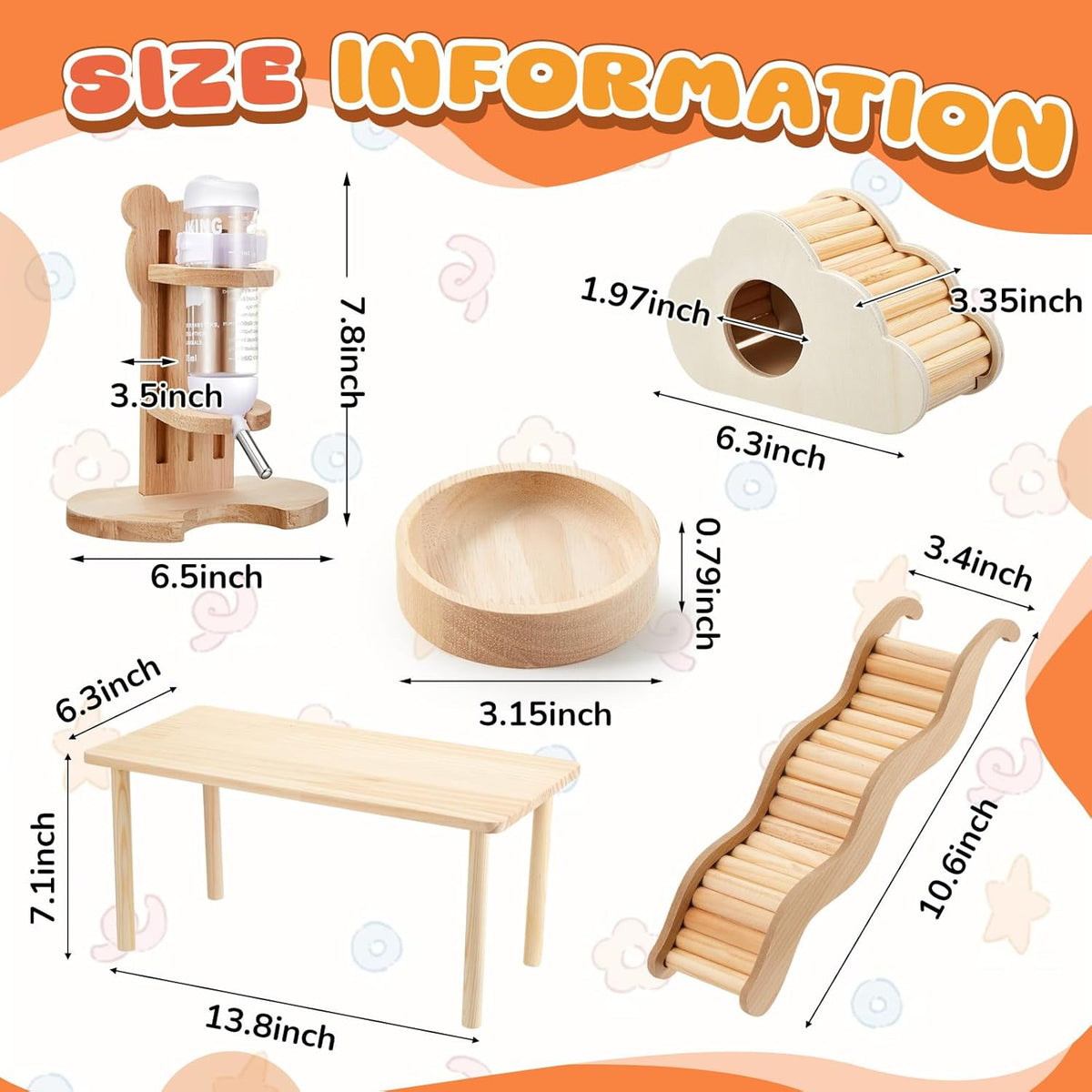5 Pcs Hamster Cage Accessories, Wood Hamster Play Wooden Platform Water Bottle with Stand Climbing Set for Rat Mice Small Animals Pets Habitats Woodland Decor(Cloud Villa)