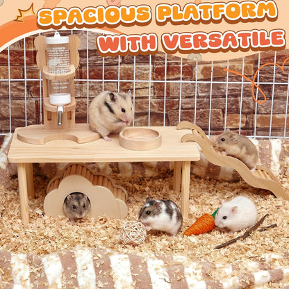 5 Pcs Hamster Cage Accessories, Wood Hamster Play Wooden Platform Water Bottle with Stand Climbing Set for Rat Mice Small Animals Pets Habitats Woodland Decor(Cloud Villa)