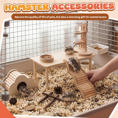 5 Pcs Hamster Cage Accessories, Wood Hamster Play Wooden Platform Water Bottle with Stand Climbing Set for Rat Mice Small Animals Pets Habitats Woodland Decor(Cloud Villa)
