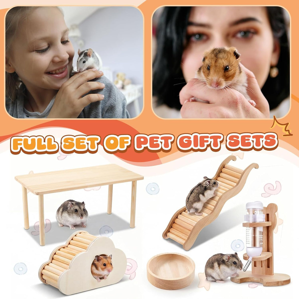 5 Pcs Hamster Cage Accessories, Wood Hamster Play Wooden Platform Water Bottle with Stand Climbing Set for Rat Mice Small Animals Pets Habitats Woodland Decor(Cloud Villa)
