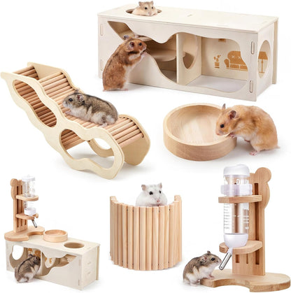 5 Pcs Hamster Cage Accessories, Wood Hamster Play Wooden Platform Water Bottle with Stand Climbing Set for Rat Mice Small Animals Pets Habitats Woodland Decor(Cloud Villa)