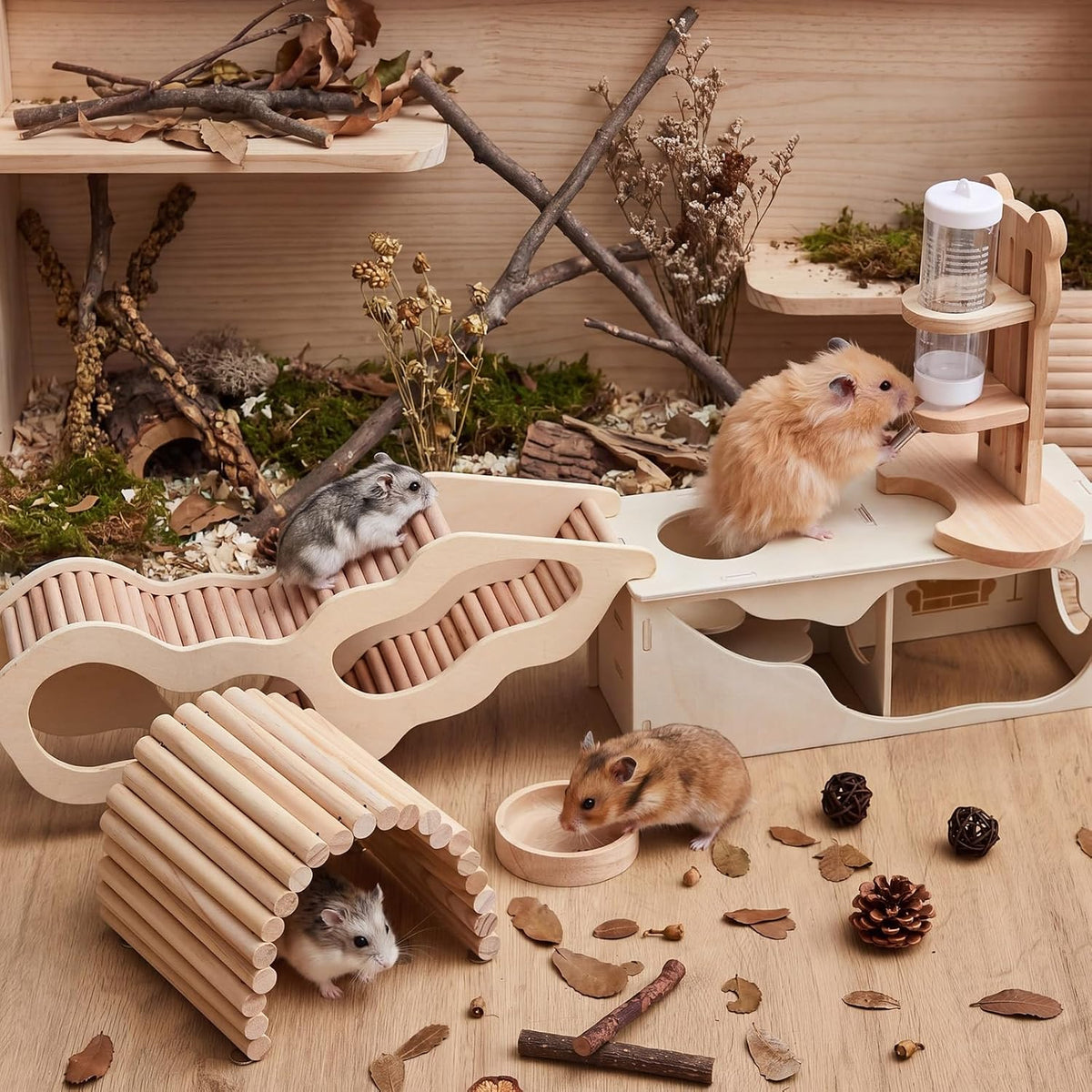 5 Pcs Hamster Cage Accessories, Wood Hamster Play Wooden Platform Water Bottle with Stand Climbing Set for Rat Mice Small Animals Pets Habitats Woodland Decor(Cloud Villa)