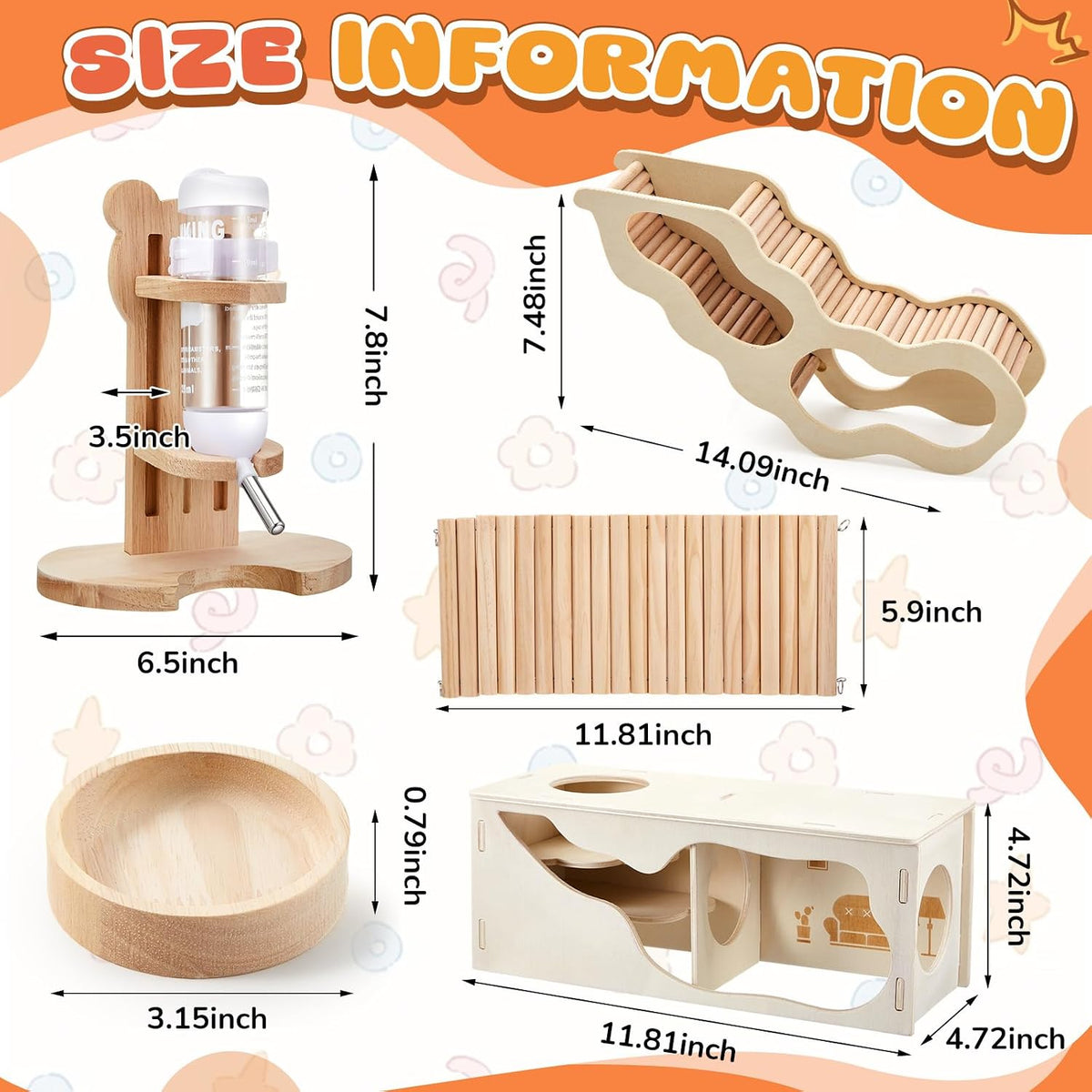 5 Pcs Hamster Cage Accessories, Wood Hamster Play Wooden Platform Water Bottle with Stand Climbing Set for Rat Mice Small Animals Pets Habitats Woodland Decor(Cloud Villa)