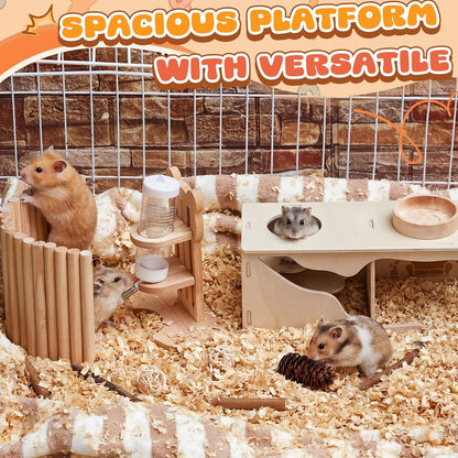 5 Pcs Hamster Cage Accessories, Wood Hamster Play Wooden Platform Water Bottle with Stand Climbing Set for Rat Mice Small Animals Pets Habitats Woodland Decor(Cloud Villa)