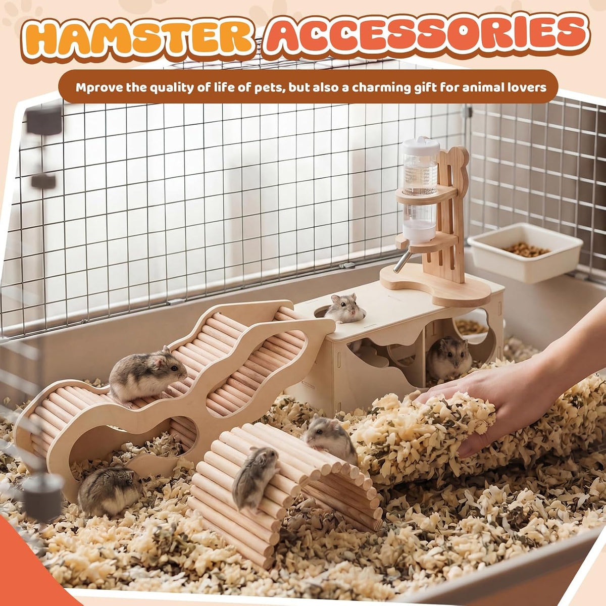 5 Pcs Hamster Cage Accessories, Wood Hamster Play Wooden Platform Water Bottle with Stand Climbing Set for Rat Mice Small Animals Pets Habitats Woodland Decor(Cloud Villa)