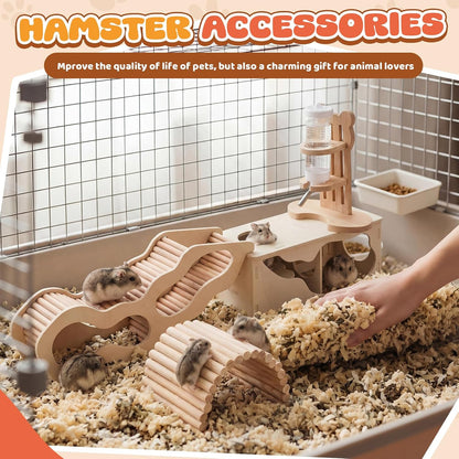 5 Pcs Hamster Cage Accessories, Wood Hamster Play Wooden Platform Water Bottle with Stand Climbing Set for Rat Mice Small Animals Pets Habitats Woodland Decor(Cloud Villa)