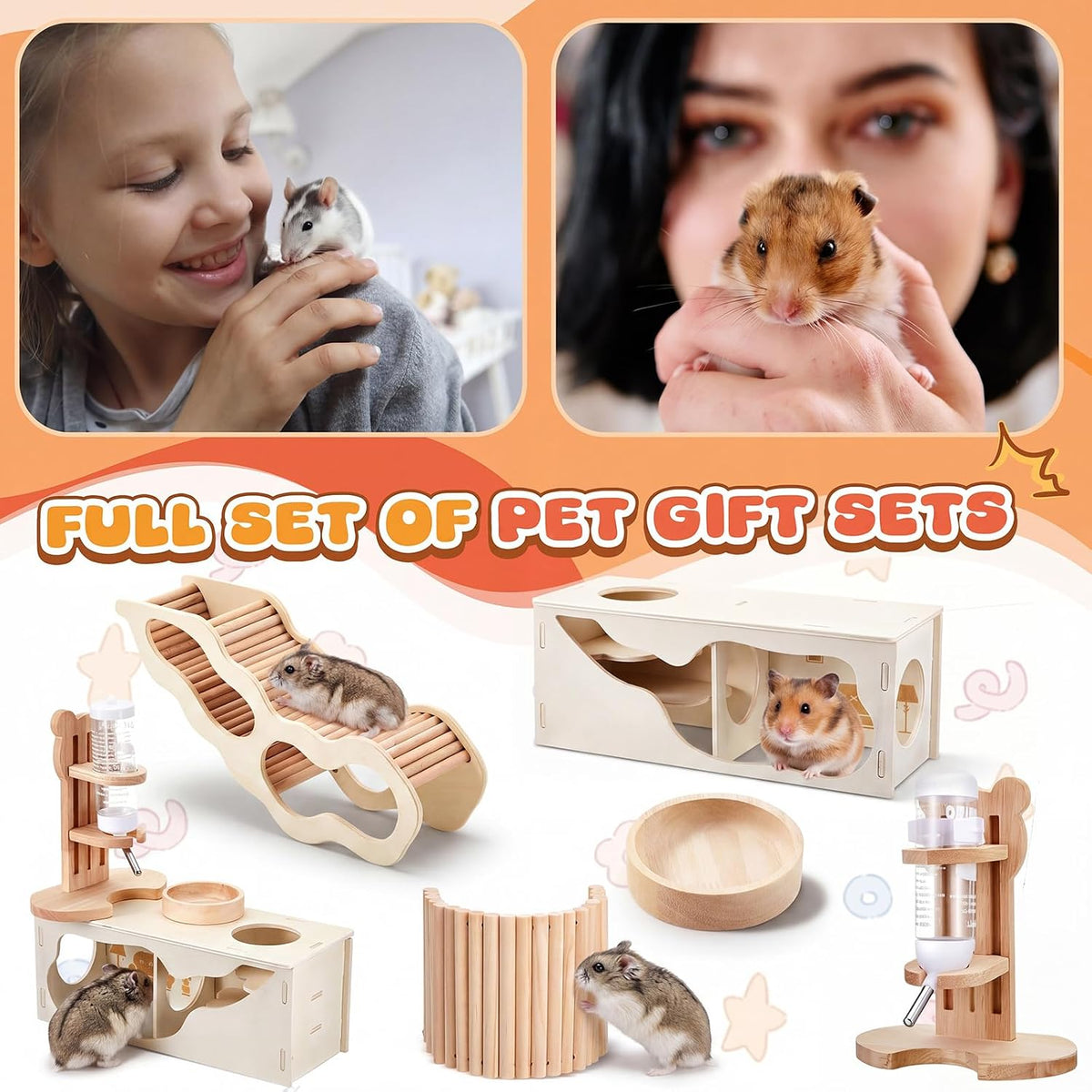 5 Pcs Hamster Cage Accessories, Wood Hamster Play Wooden Platform Water Bottle with Stand Climbing Set for Rat Mice Small Animals Pets Habitats Woodland Decor(Cloud Villa)