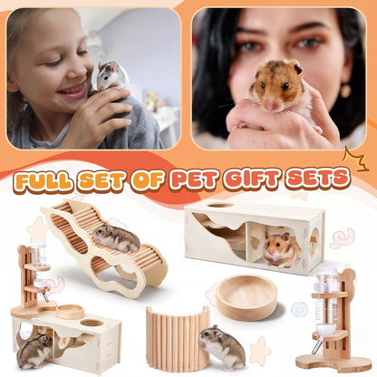 5 Pcs Hamster Cage Accessories, Wood Hamster Play Wooden Platform Water Bottle with Stand Climbing Set for Rat Mice Small Animals Pets Habitats Woodland Decor(Cloud Villa)