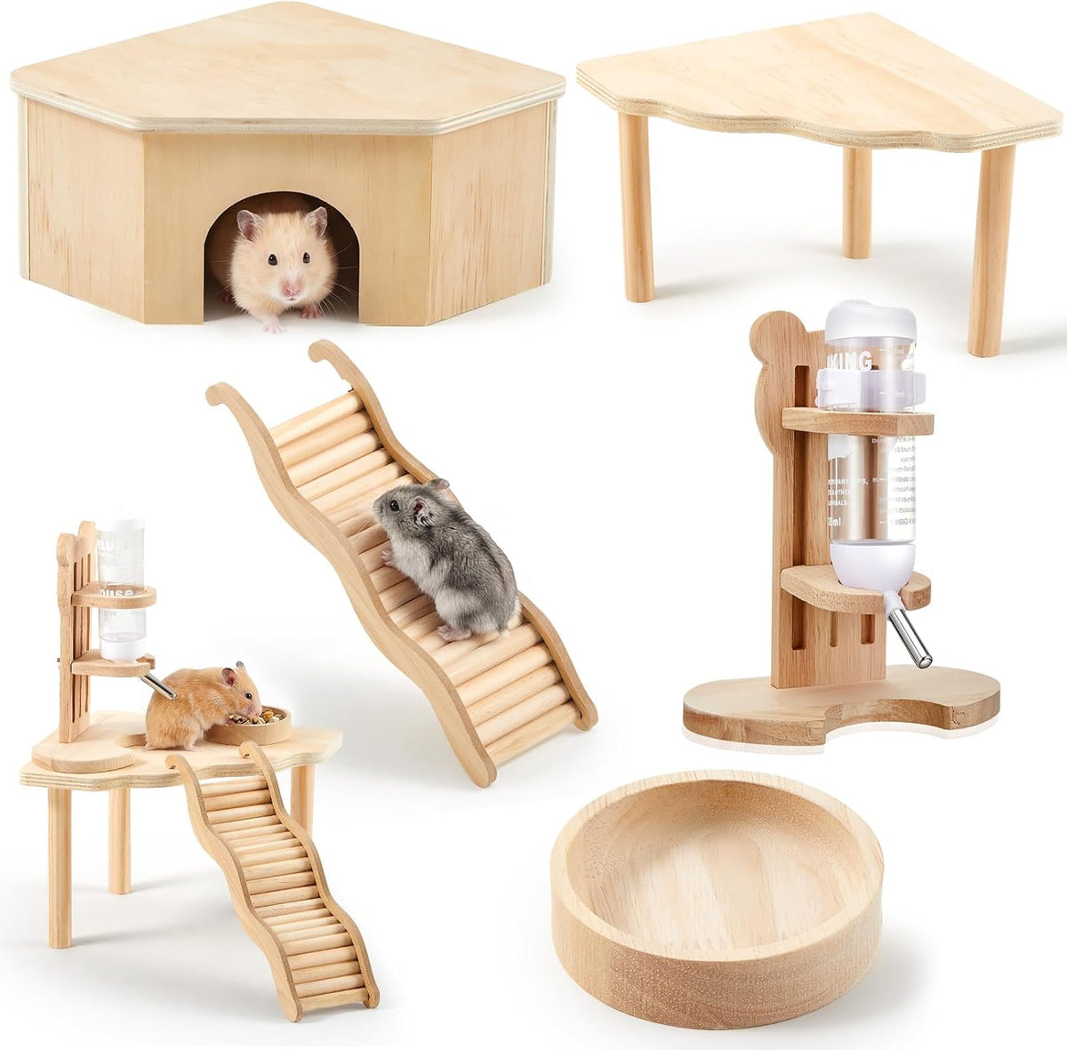 5 Pcs Hamster Cage Accessories, Wood Hamster Play Wooden Platform Water Bottle with Stand Climbing Set for Rat Mice Small Animals Pets Habitats Woodland Decor(Cloud Villa)