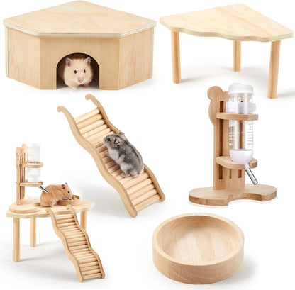 5 Pcs Hamster Cage Accessories, Wood Hamster Play Wooden Platform Water Bottle with Stand Climbing Set for Rat Mice Small Animals Pets Habitats Woodland Decor(Cloud Villa)