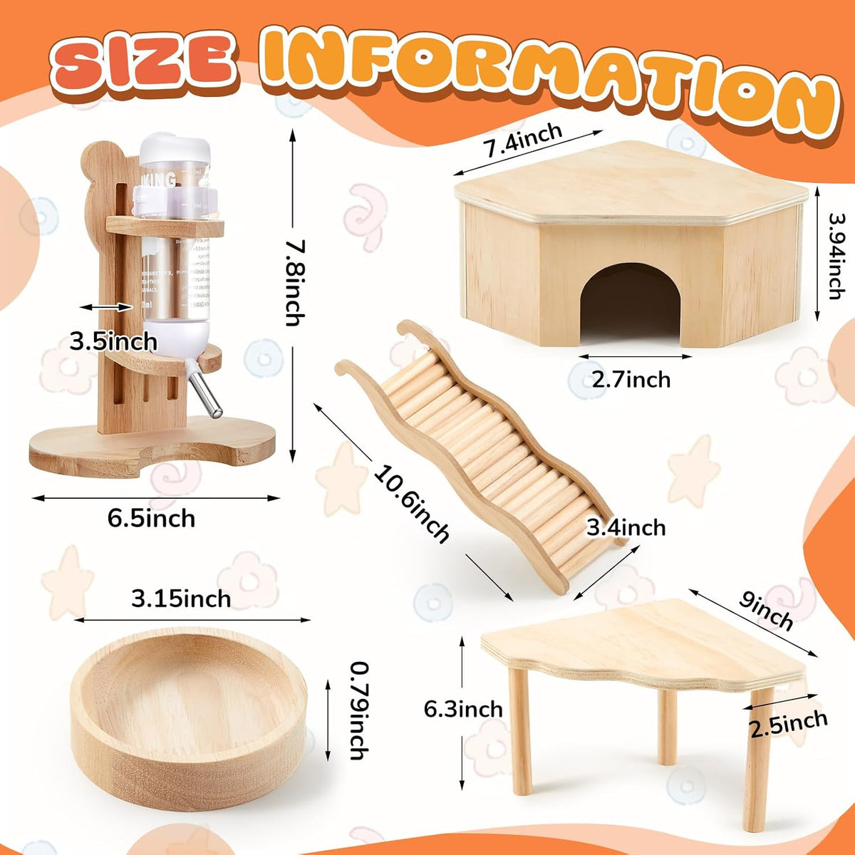 5 Pcs Hamster Cage Accessories, Wood Hamster Play Wooden Platform Water Bottle with Stand Climbing Set for Rat Mice Small Animals Pets Habitats Woodland Decor(Cloud Villa)