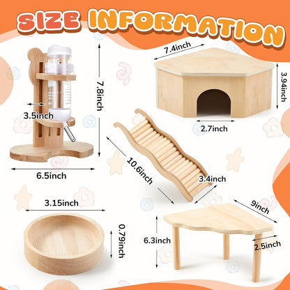 5 Pcs Hamster Cage Accessories, Wood Hamster Play Wooden Platform Water Bottle with Stand Climbing Set for Rat Mice Small Animals Pets Habitats Woodland Decor(Cloud Villa)