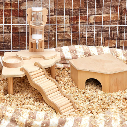 5 Pcs Hamster Cage Accessories, Wood Hamster Play Wooden Platform Water Bottle with Stand Climbing Set for Rat Mice Small Animals Pets Habitats Woodland Decor(Cloud Villa)