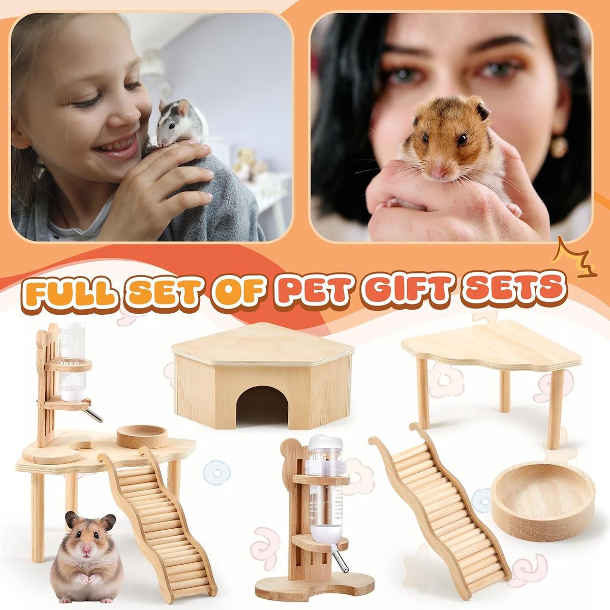 5 Pcs Hamster Cage Accessories, Wood Hamster Play Wooden Platform Water Bottle with Stand Climbing Set for Rat Mice Small Animals Pets Habitats Woodland Decor(Cloud Villa)