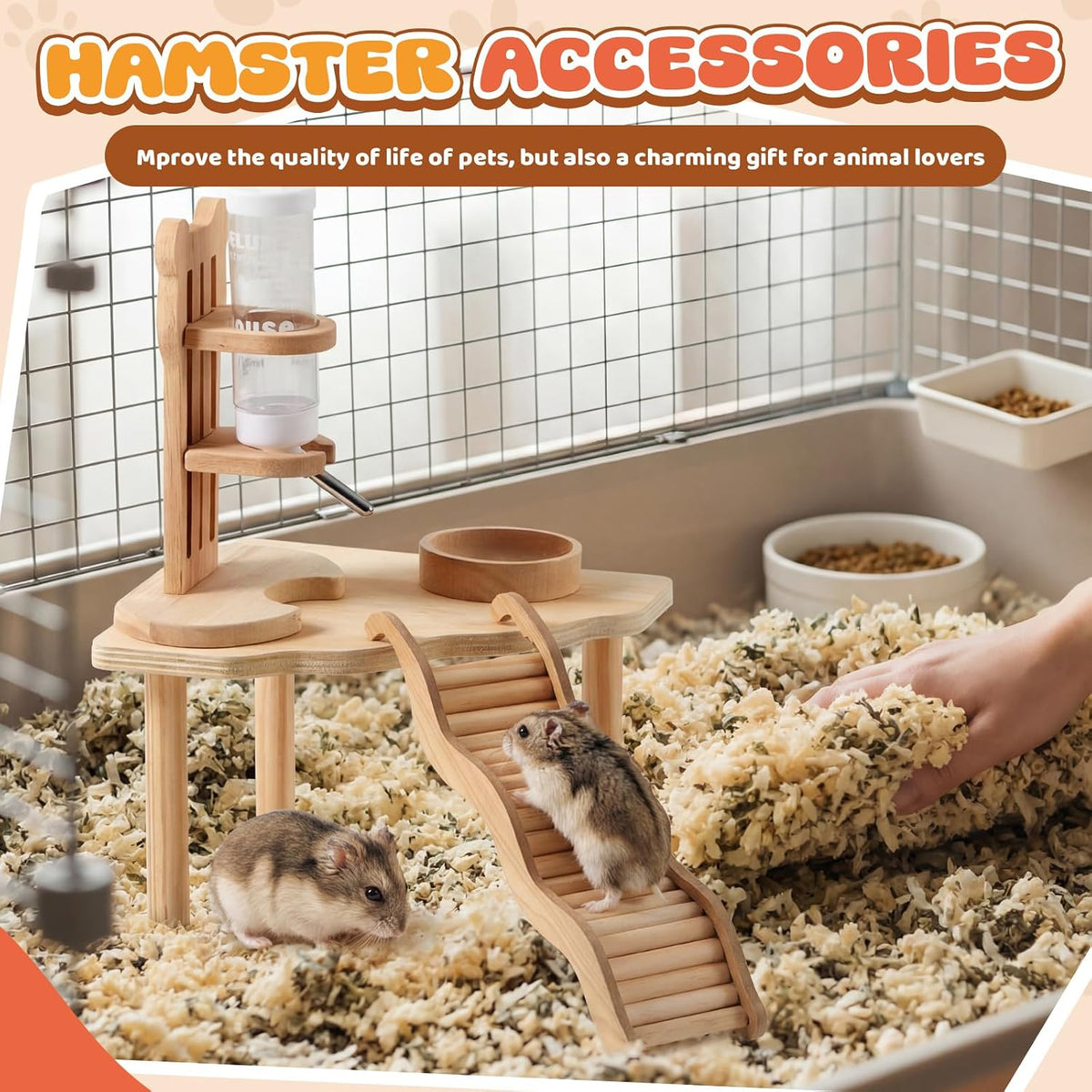 5 Pcs Hamster Cage Accessories, Wood Hamster Play Wooden Platform Water Bottle with Stand Climbing Set for Rat Mice Small Animals Pets Habitats Woodland Decor(Cloud Villa)