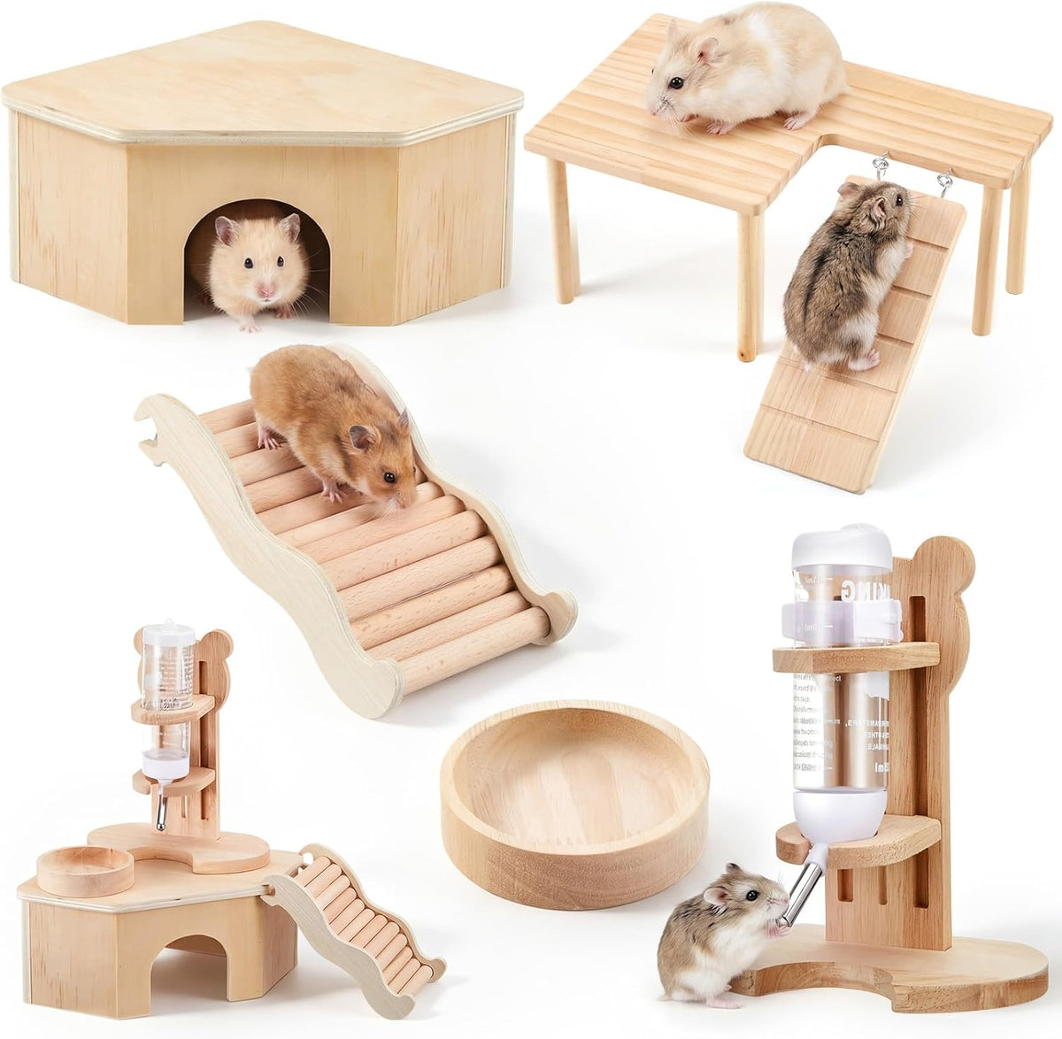 5 Pcs Hamster Cage Accessories, Wood Hamster Play Wooden Platform Water Bottle with Stand Climbing Set for Rat Mice Small Animals Pets Habitats Woodland Decor(Cloud Villa)