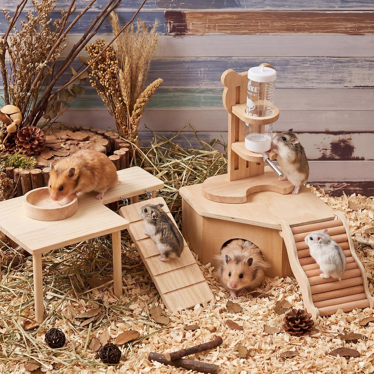 5 Pcs Hamster Cage Accessories, Wood Hamster Play Wooden Platform Water Bottle with Stand Climbing Set for Rat Mice Small Animals Pets Habitats Woodland Decor(Cloud Villa)
