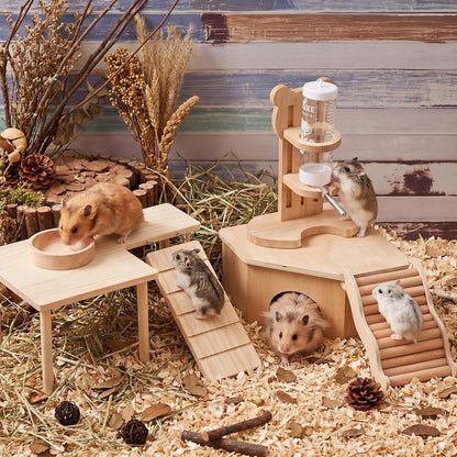 5 Pcs Hamster Cage Accessories, Wood Hamster Play Wooden Platform Water Bottle with Stand Climbing Set for Rat Mice Small Animals Pets Habitats Woodland Decor(Cloud Villa)