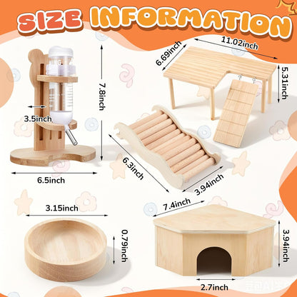 5 Pcs Hamster Cage Accessories, Wood Hamster Play Wooden Platform Water Bottle with Stand Climbing Set for Rat Mice Small Animals Pets Habitats Woodland Decor(Cloud Villa)