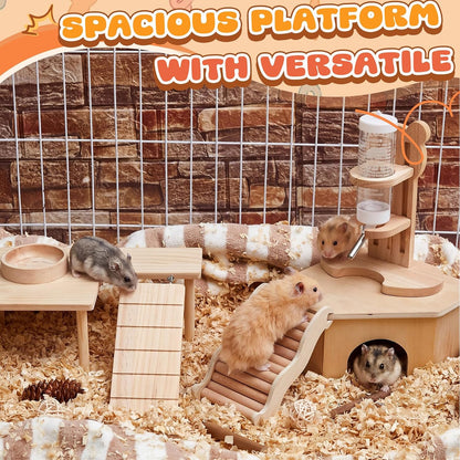 5 Pcs Hamster Cage Accessories, Wood Hamster Play Wooden Platform Water Bottle with Stand Climbing Set for Rat Mice Small Animals Pets Habitats Woodland Decor(Cloud Villa)