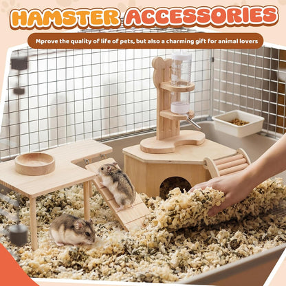 5 Pcs Hamster Cage Accessories, Wood Hamster Play Wooden Platform Water Bottle with Stand Climbing Set for Rat Mice Small Animals Pets Habitats Woodland Decor(Cloud Villa)