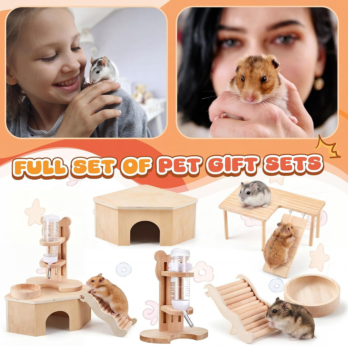 5 Pcs Hamster Cage Accessories, Wood Hamster Play Wooden Platform Water Bottle with Stand Climbing Set for Rat Mice Small Animals Pets Habitats Woodland Decor(Cloud Villa)