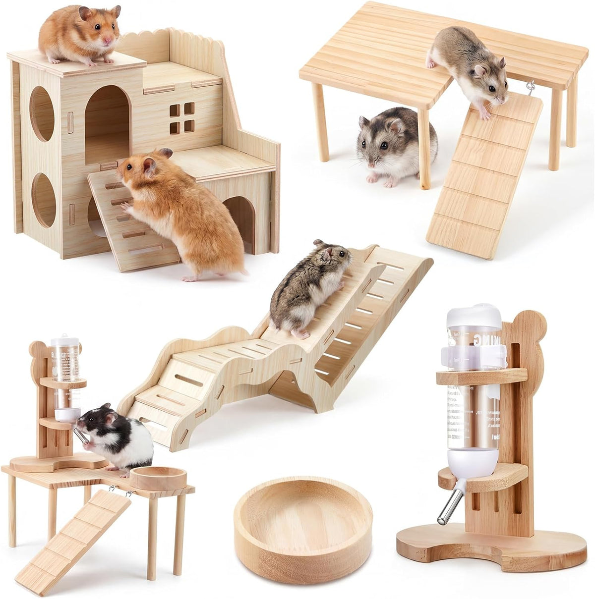 5 Pcs Hamster Cage Accessories, Wood Hamster Play Wooden Platform Water Bottle with Stand Climbing Set for Rat Mice Small Animals Pets Habitats Woodland Decor(Cloud Villa)