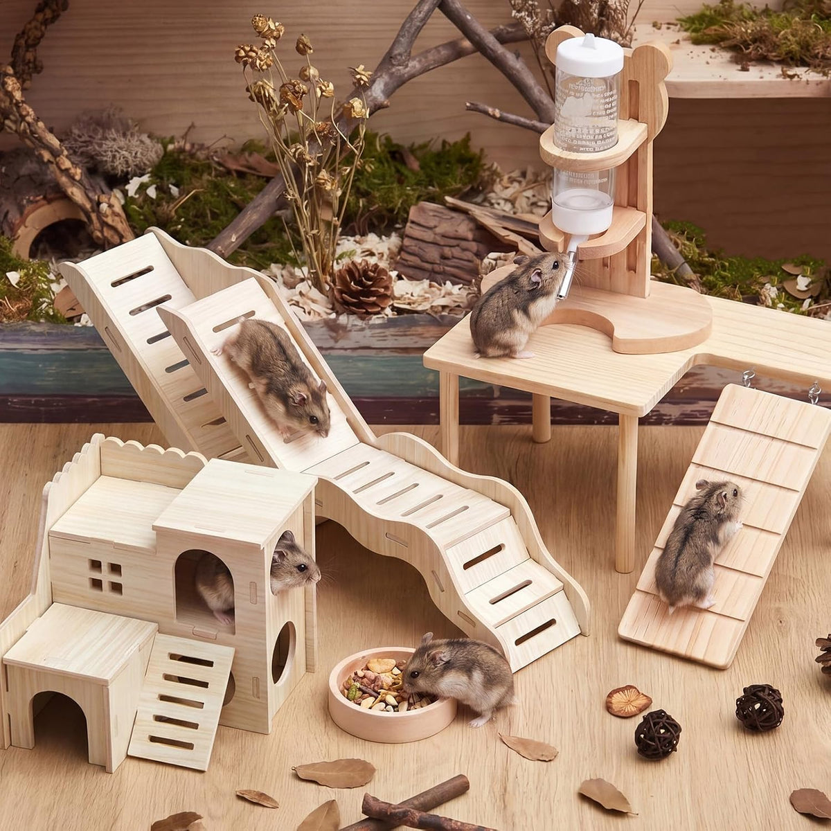 5 Pcs Hamster Cage Accessories, Wood Hamster Play Wooden Platform Water Bottle with Stand Climbing Set for Rat Mice Small Animals Pets Habitats Woodland Decor(Cloud Villa)