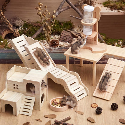 5 Pcs Hamster Cage Accessories, Wood Hamster Play Wooden Platform Water Bottle with Stand Climbing Set for Rat Mice Small Animals Pets Habitats Woodland Decor(Cloud Villa)